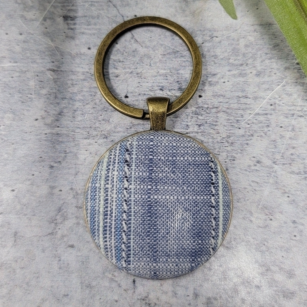 New Handmade | Denim Blue Striped Upcycled Fabric Button Keychain